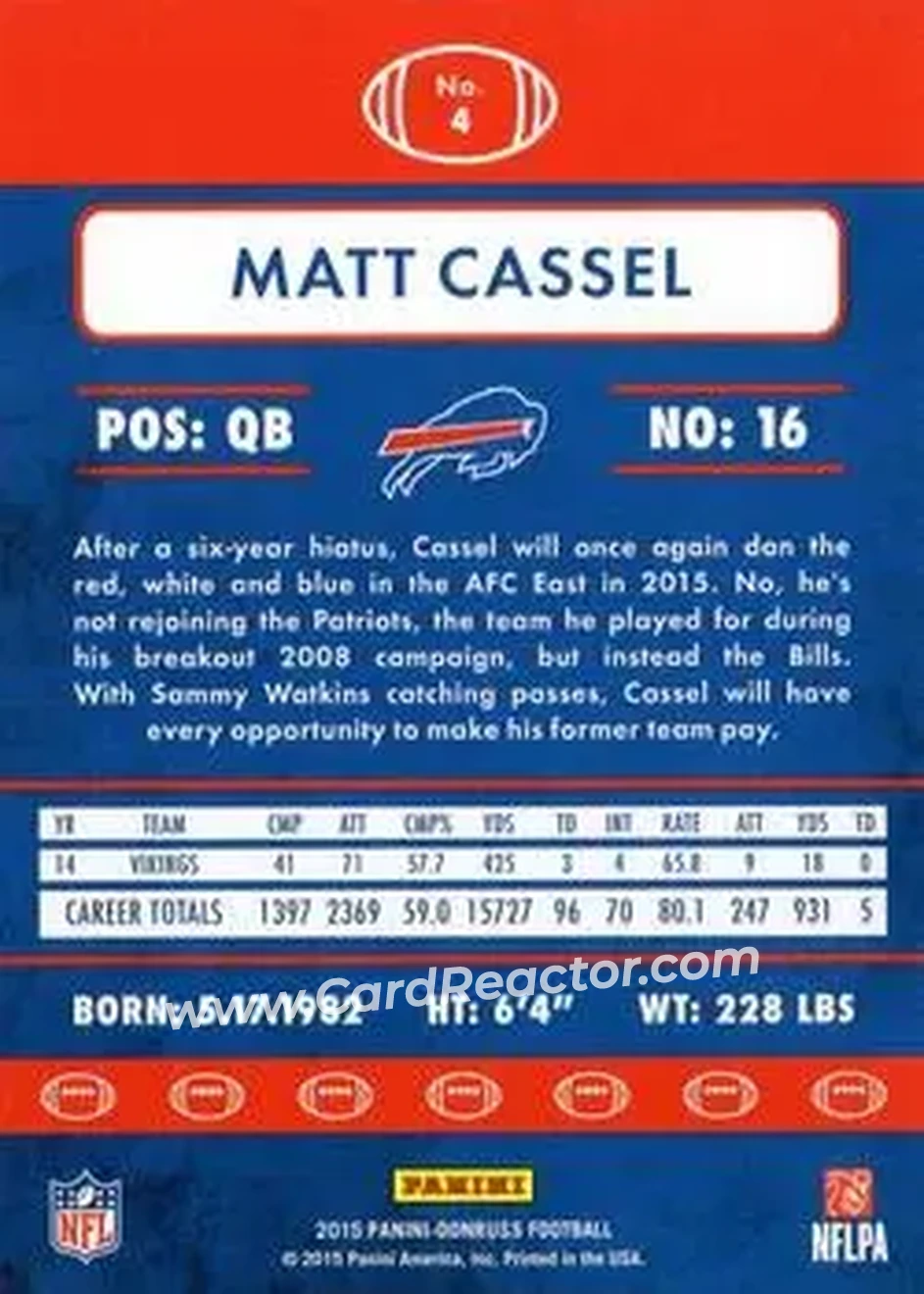 2015 Donruss #4 - Matt Cassel - Buffalo Bills - Back