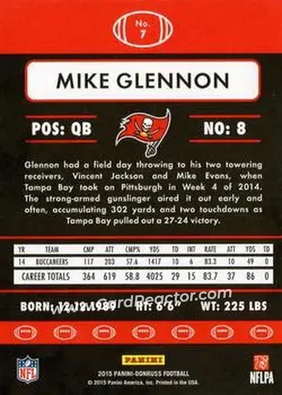 2015 Donruss #7 - Mike Glennon - Tampa Bay Buccaneers - Back