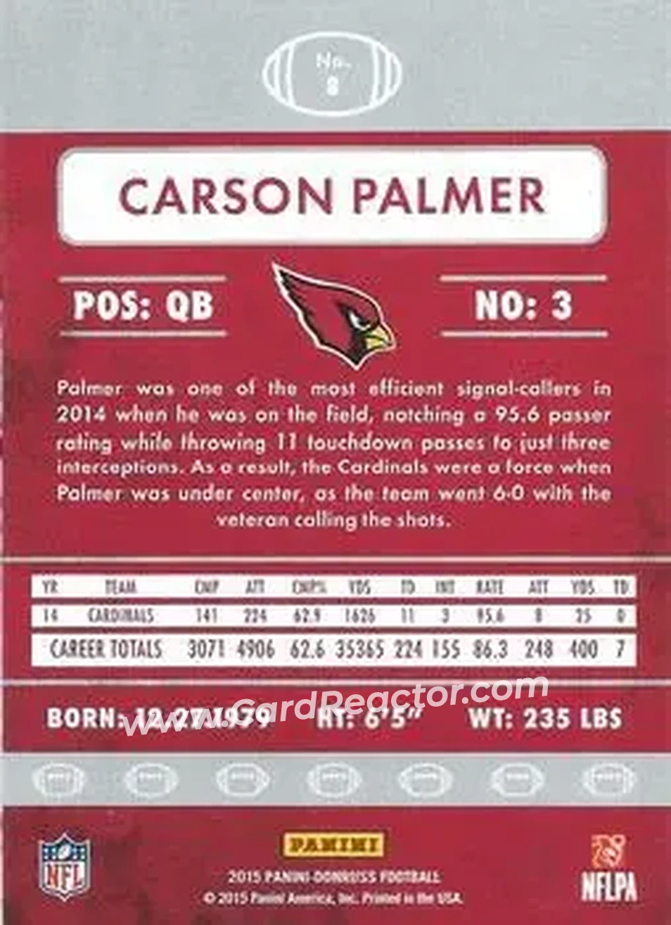 2015 Donruss #8 - Carson Palmer - Arizona Cardinals - Back