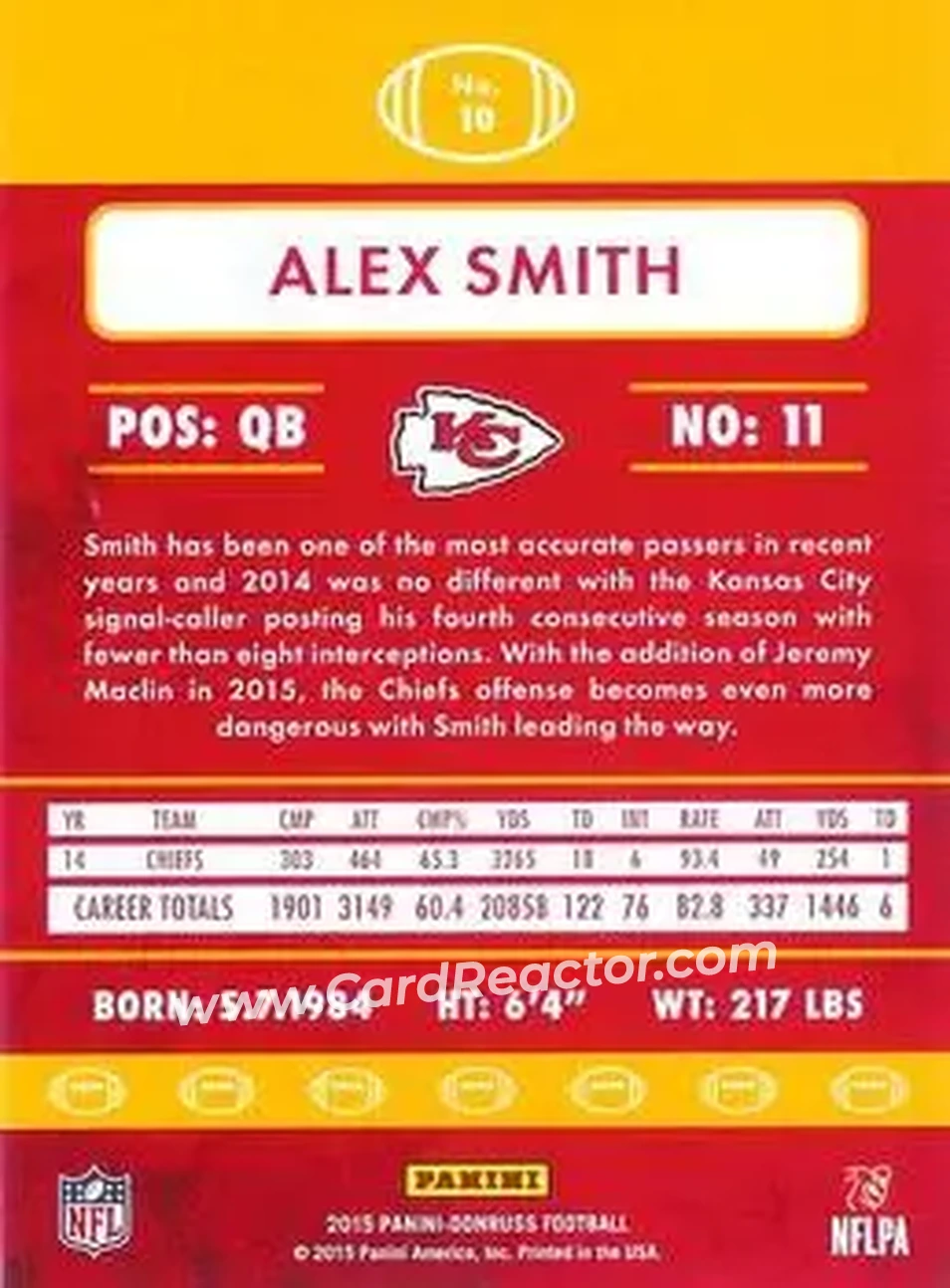 2015 Donruss #10 - Alex Smith - Kansas City Chiefs - Back