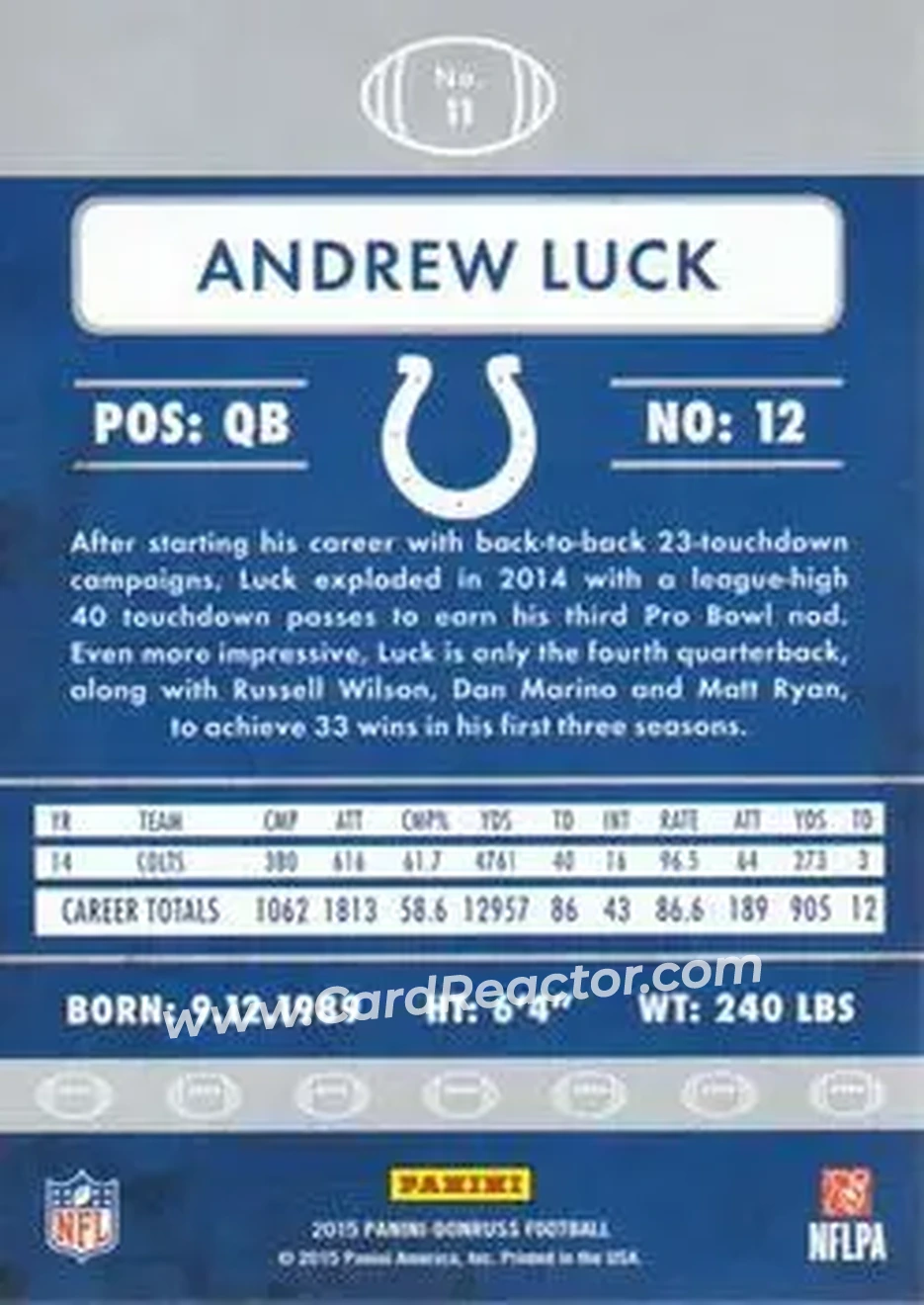 2015 Donruss #11 - Andrew Luck - Indianapolis Colts - Back