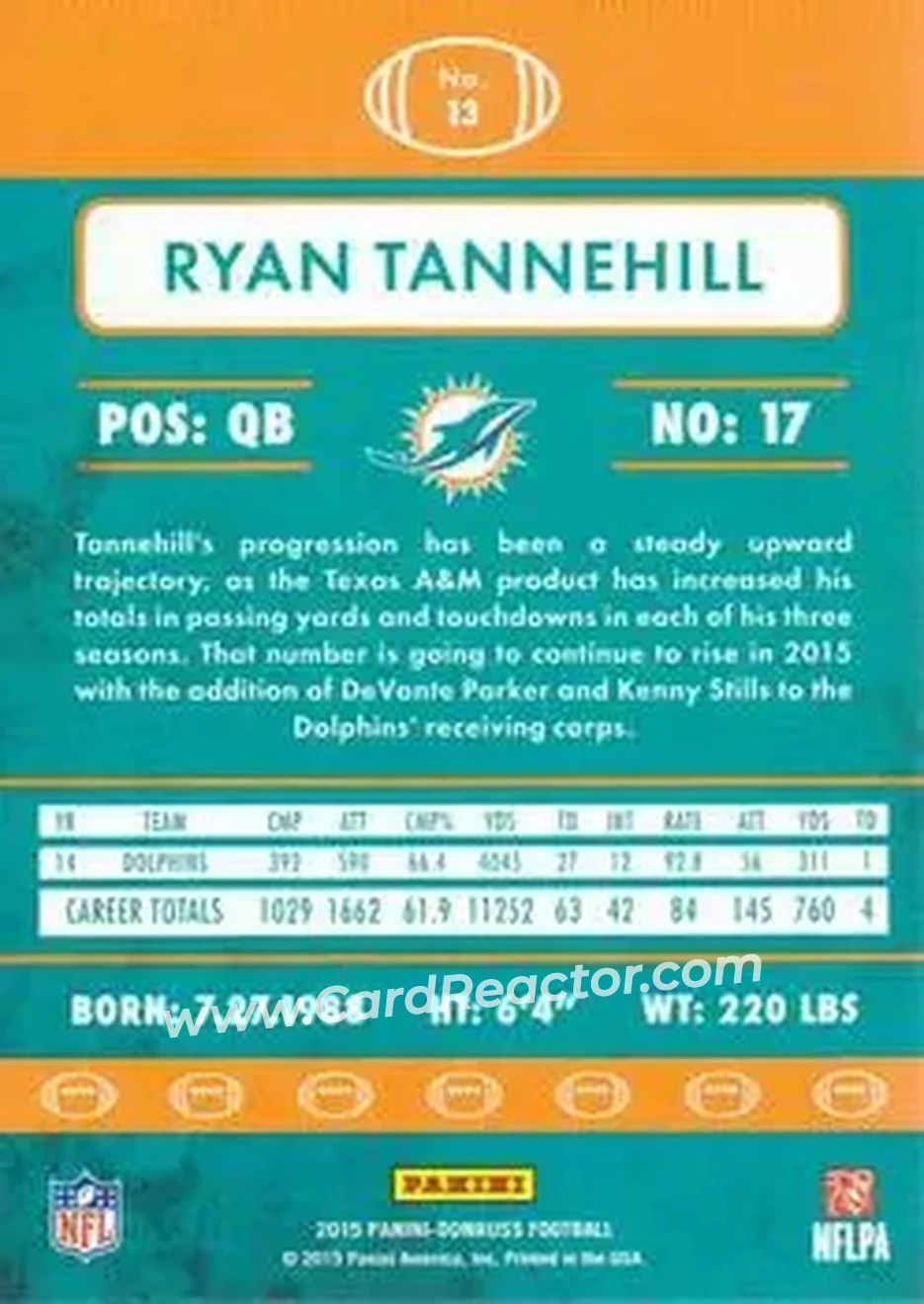 2015 Donruss #13 - Ryan Tannehill - Miami Dolphins - Back