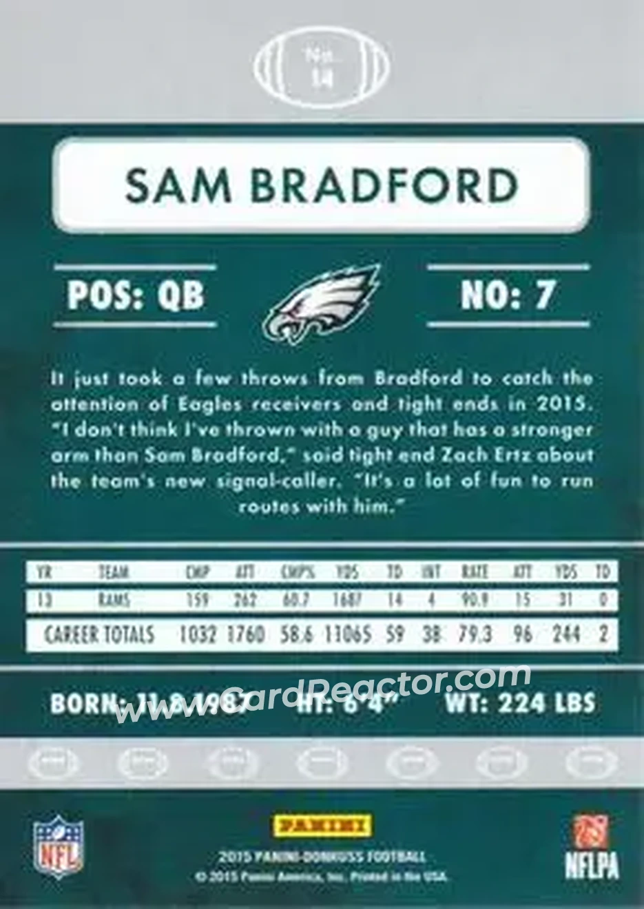 2015 Donruss #14 - Sam Bradford - Philadelphia Eagles - Back