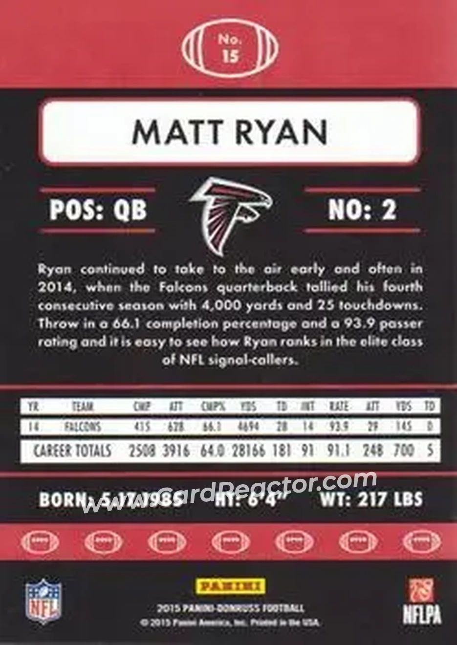 2015 Donruss #15 - Matt Ryan - Atlanta Falcons - Back 2015 Donruss #15 - Matt Ryan - Atlanta Falcons - Back