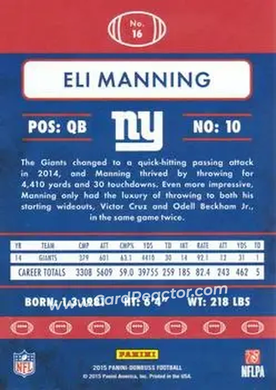 2015 Donruss #16 - Eli Manning - New York Giants - Back