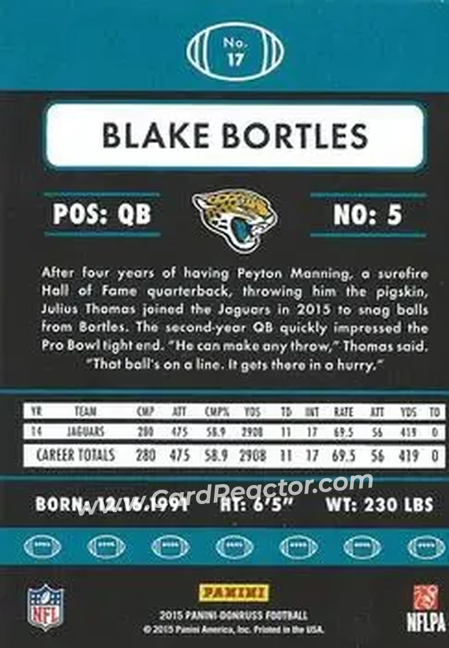 2015 Donruss #17 - Blake Bortles - Jacksonville Jaguars - Back