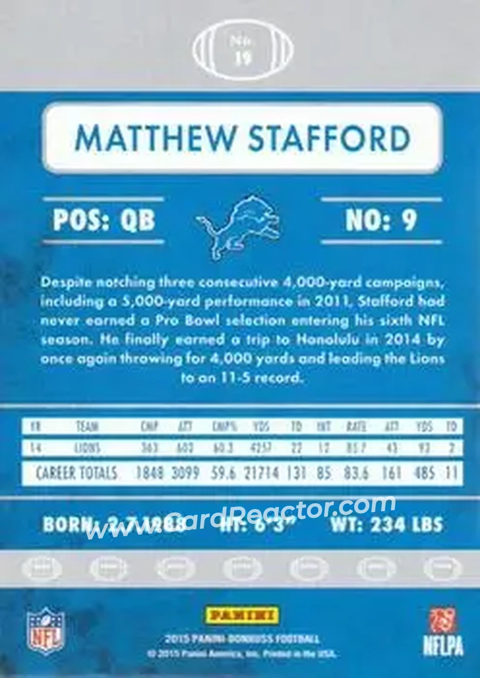 2015 Donruss #19 - Matthew Stafford - Detroit Lions - Back