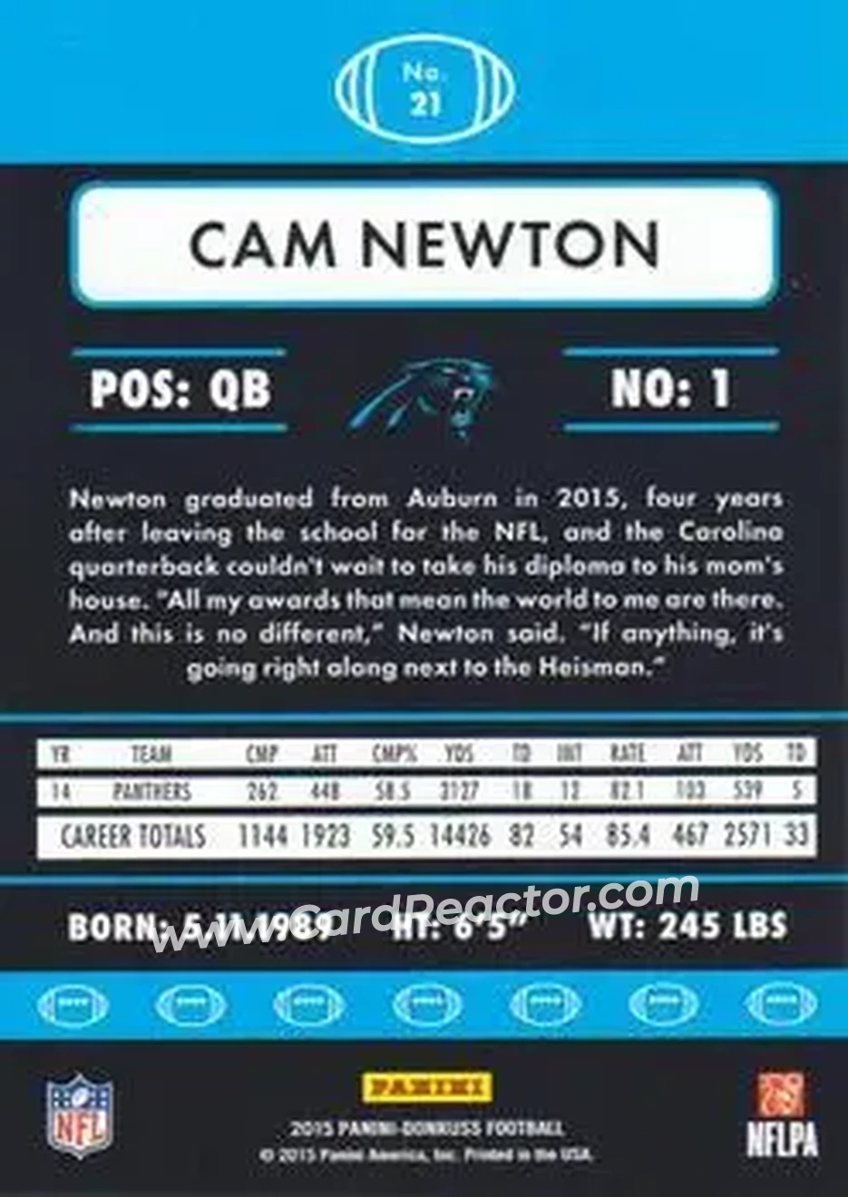 2015 Donruss #21 - Cam Newton - Carolina Panthers - Back