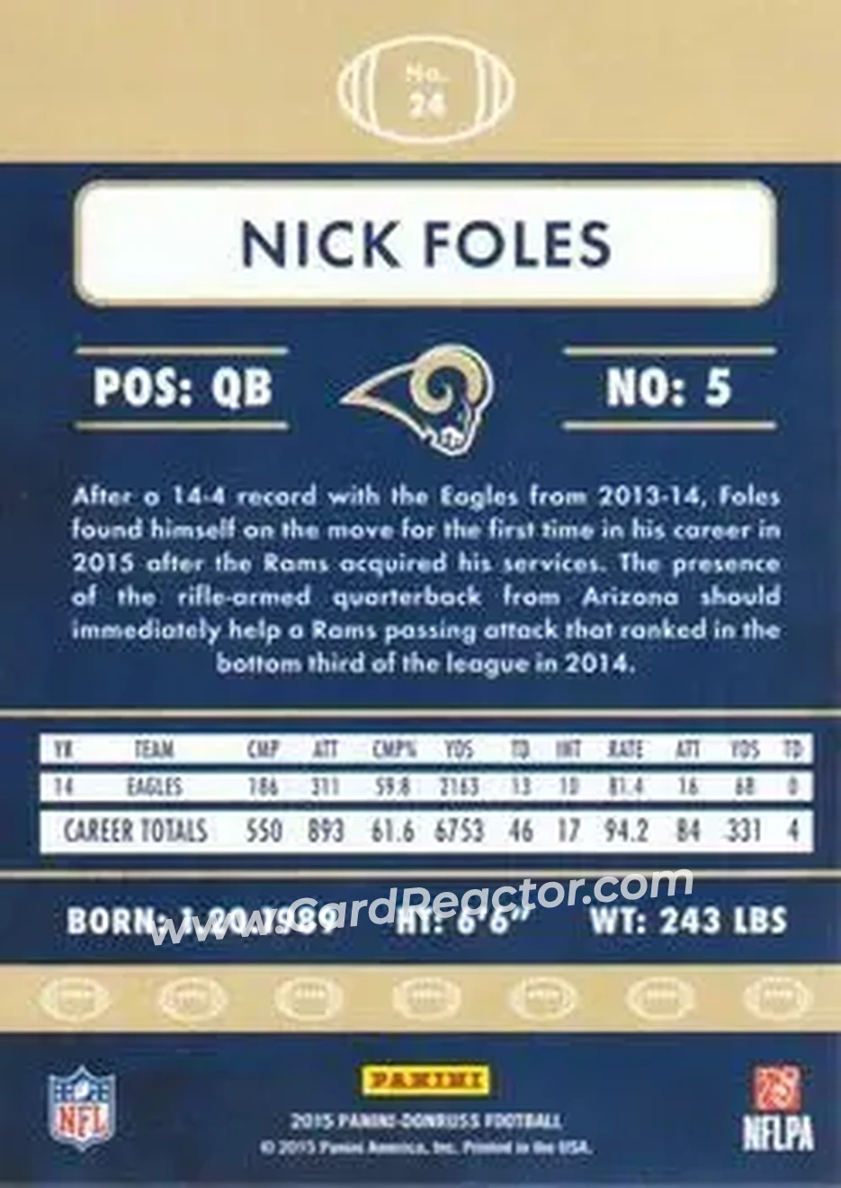 2015 Donruss #24 - Nick Foles - St. Louis Rams - Back