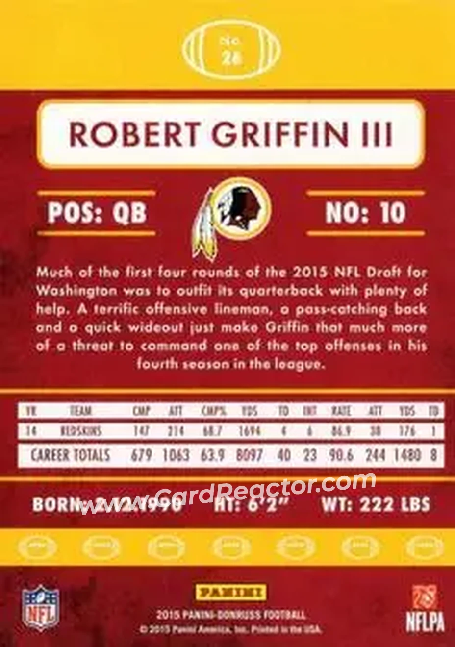 2015 Donruss #26 - Robert Griffin III - Washington Redskins - Back