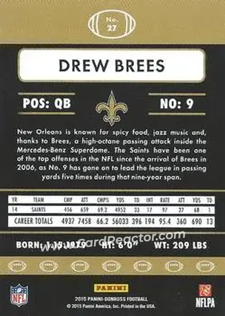 2015 Donruss #27 - Drew Brees - New Orleans Saints - Back 2015 Donruss #27 - Drew Brees - New Orleans Saints - Back