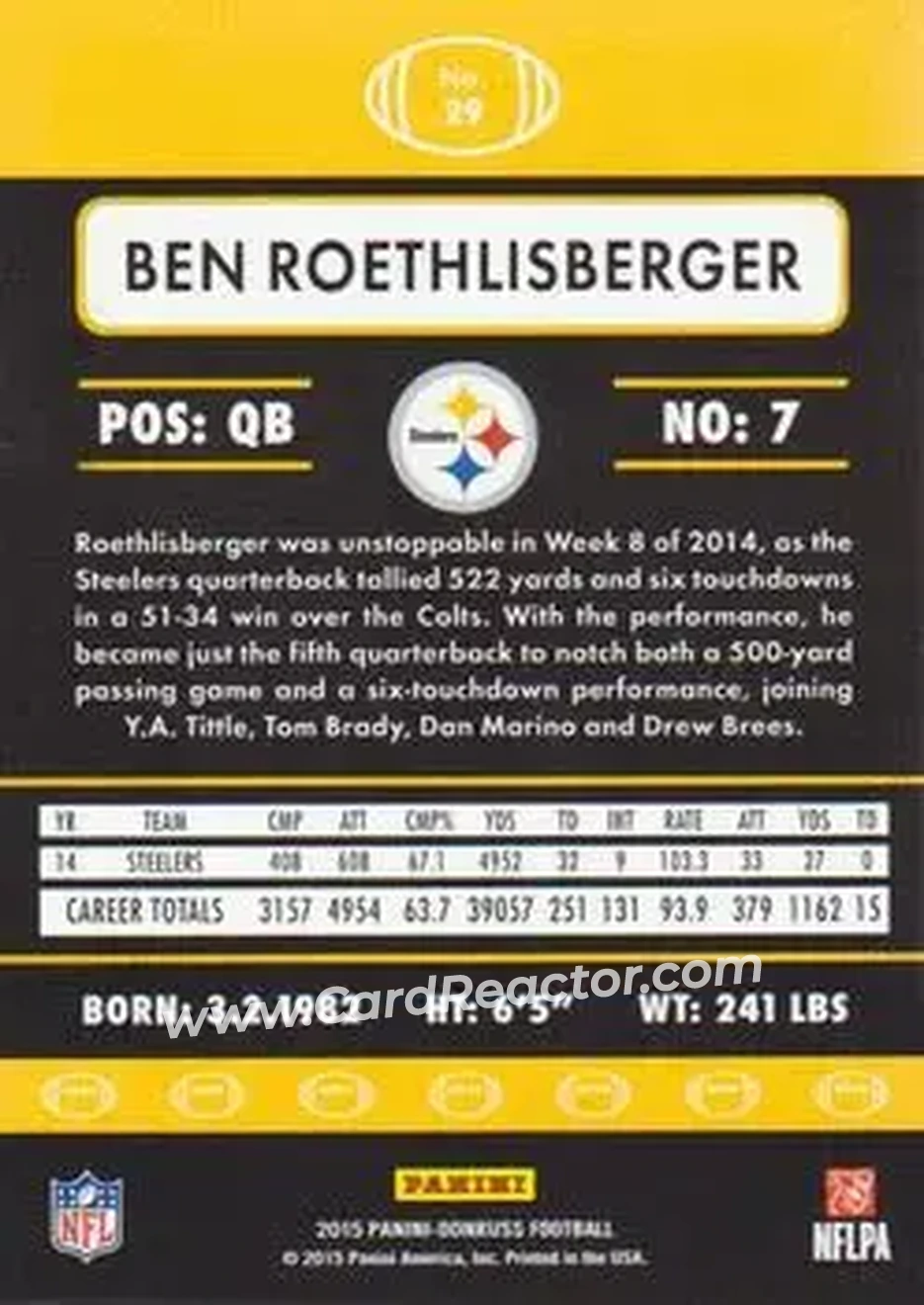 2015 Donruss #29 - Ben Roethlisberger - Pittsburgh Steelers - Back