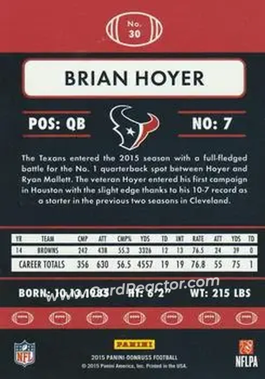 2015 Donruss #30 - Brian Hoyer - Houston Texans - Back