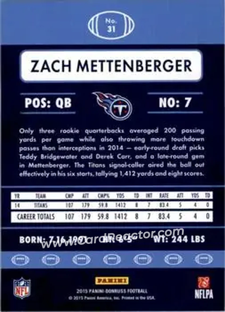 2015 Donruss #31 - Zach Mettenberger - Tennessee Titans - Back