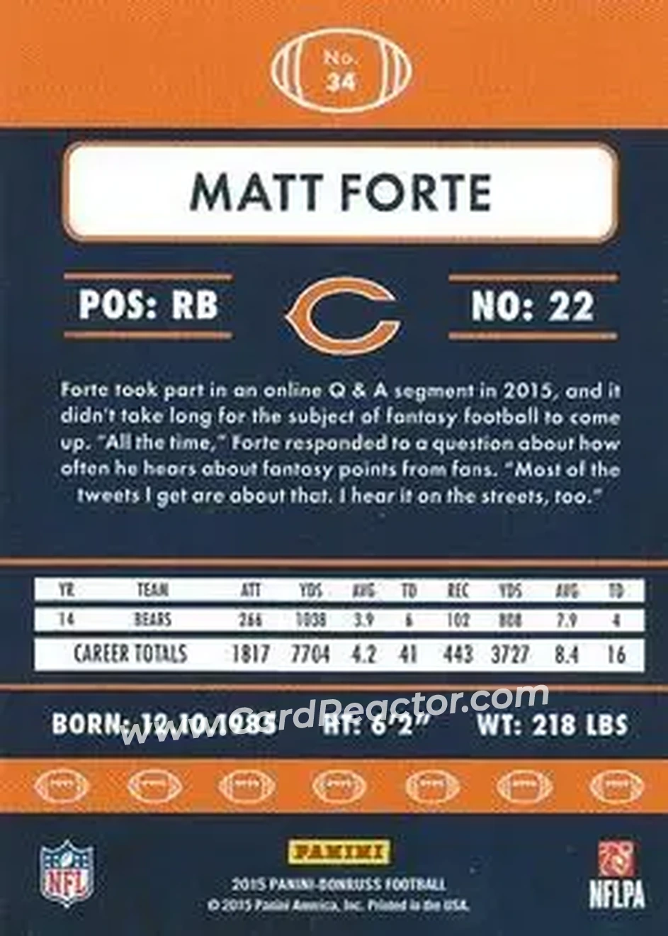 2015 Donruss #34 - Matt Forte - Chicago Bears - Back