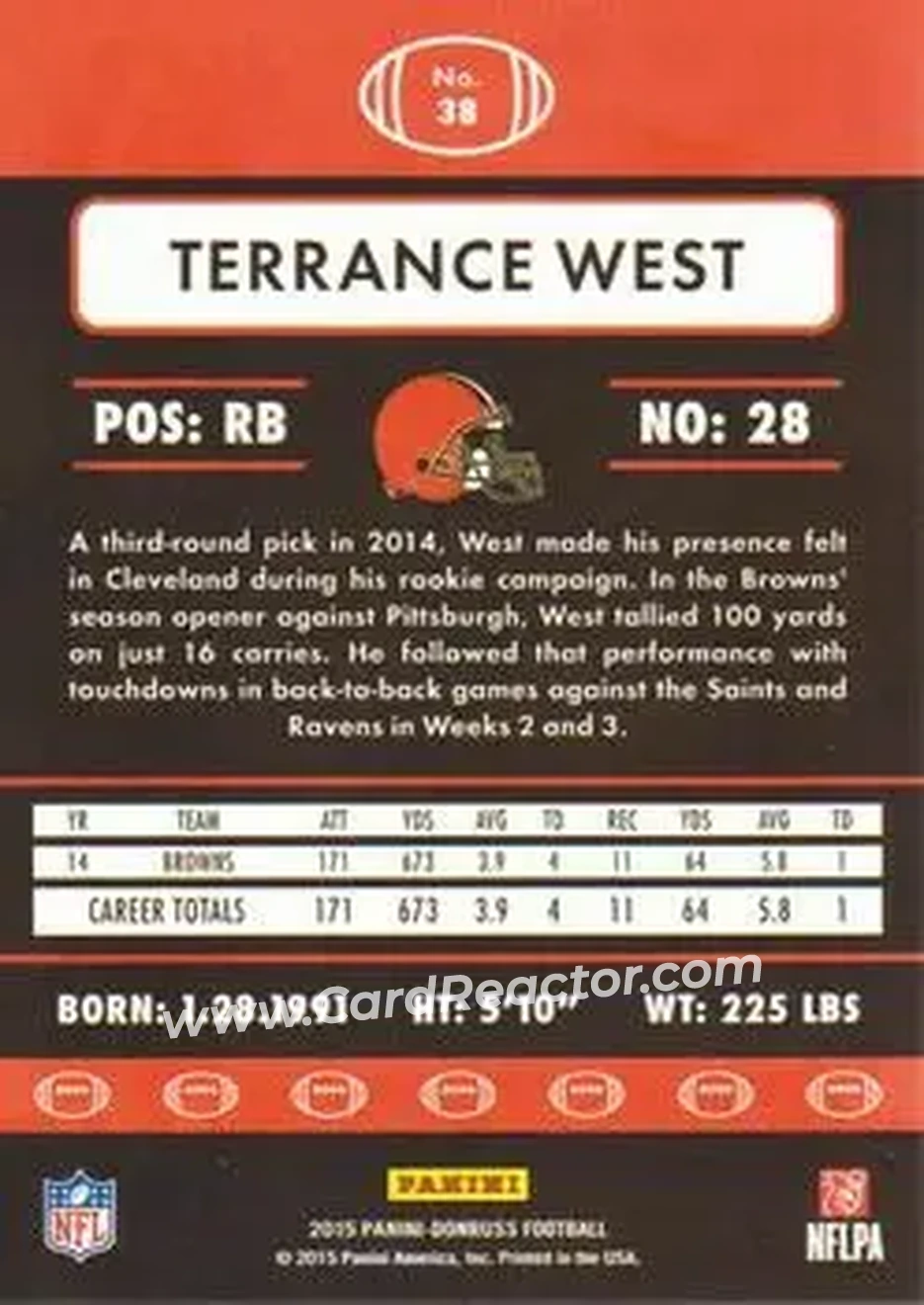 2015 Donruss #38 - Terrance West - Cleveland Browns - Back