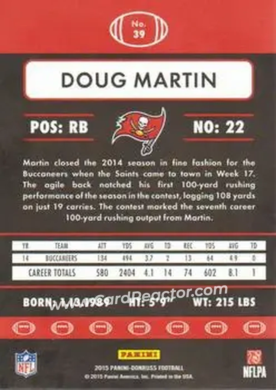 2015 Donruss #39 - Doug Martin - Tampa Bay Buccaneers - Back