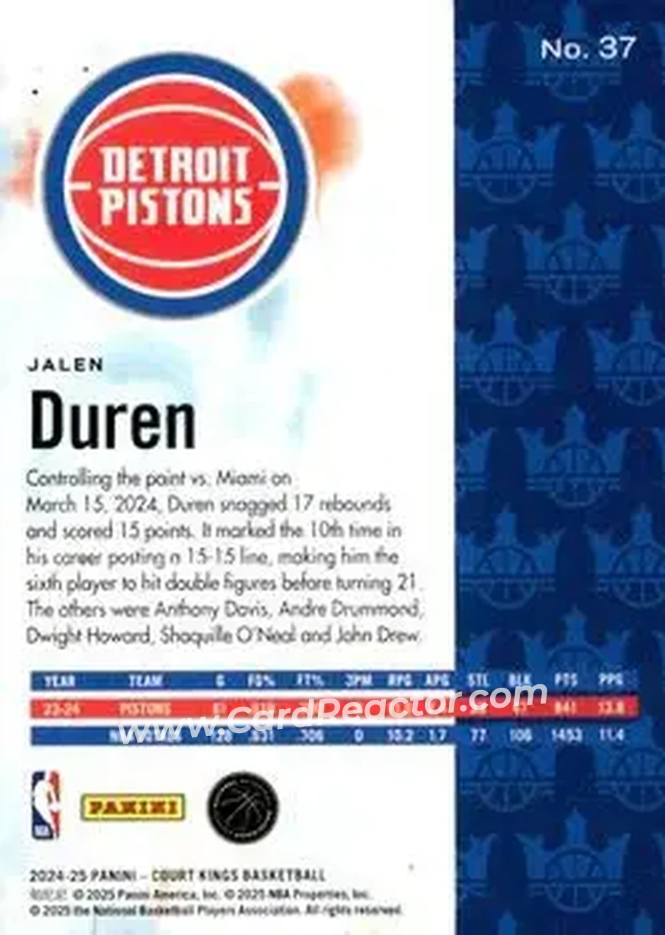 2024-25 Panini Court Kings #37 - Jalen Duren - Detroit Pistons - Back 2024-25 Panini Court Kings #37 - Jalen Duren - Detroit Pistons - Back