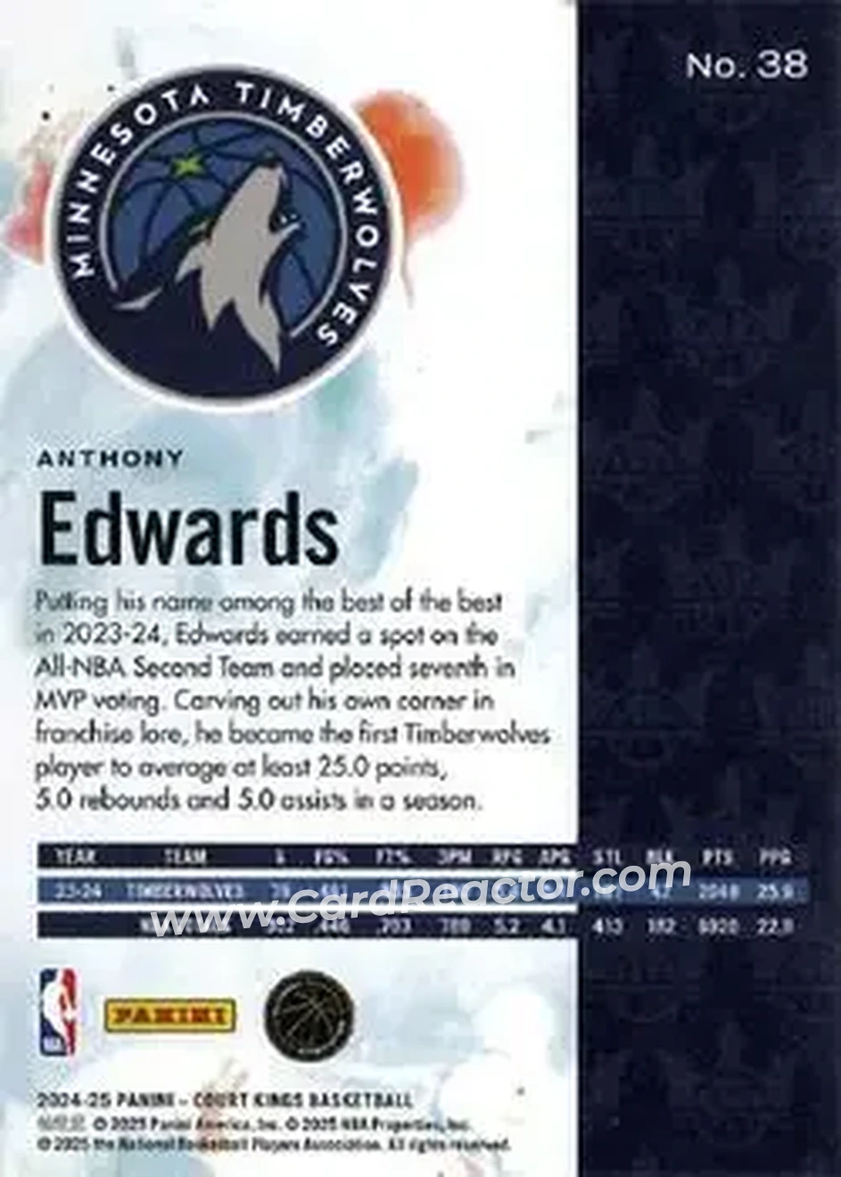 2024-25 Panini Court Kings #38 - Anthony Edwards - Minnesota Timberwolves - Back