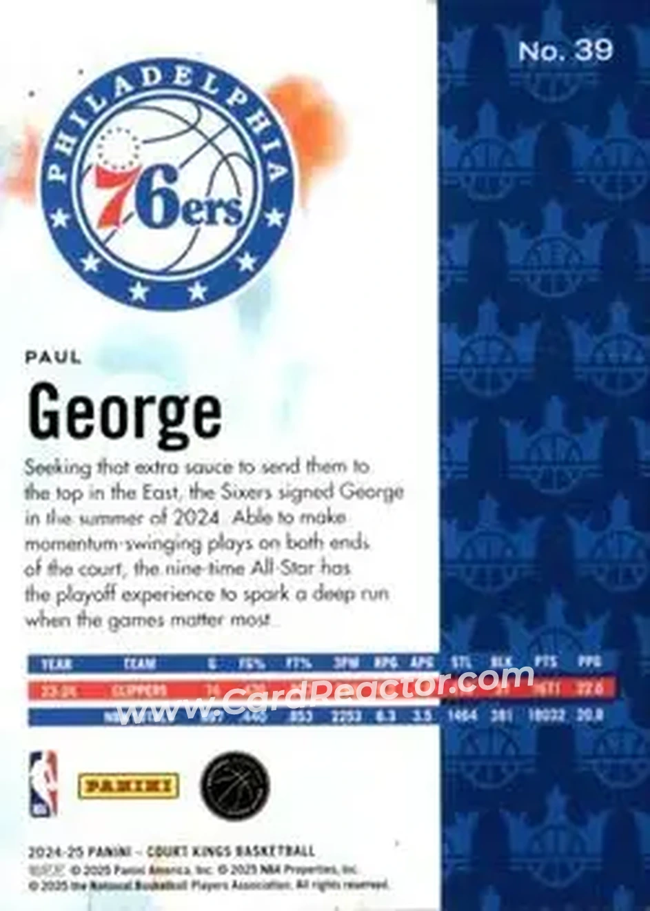 2024-25 Panini Court Kings #39 - Paul George - Philadelphia 76ers - Back