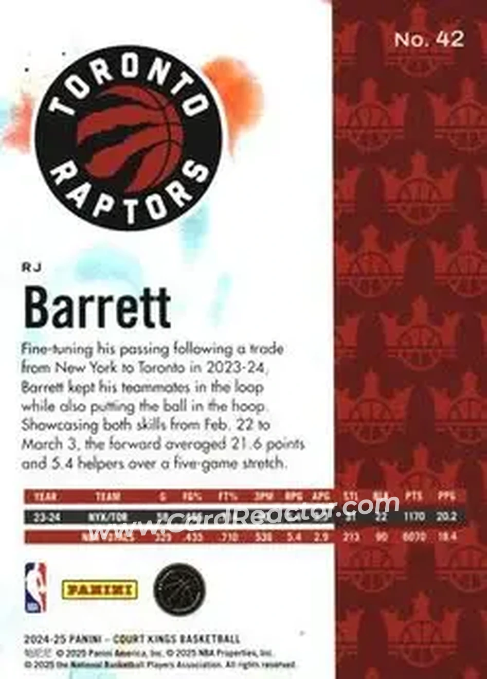 2024-25 Panini Court Kings #42 - RJ Barrett - Toronto Raptors - Back