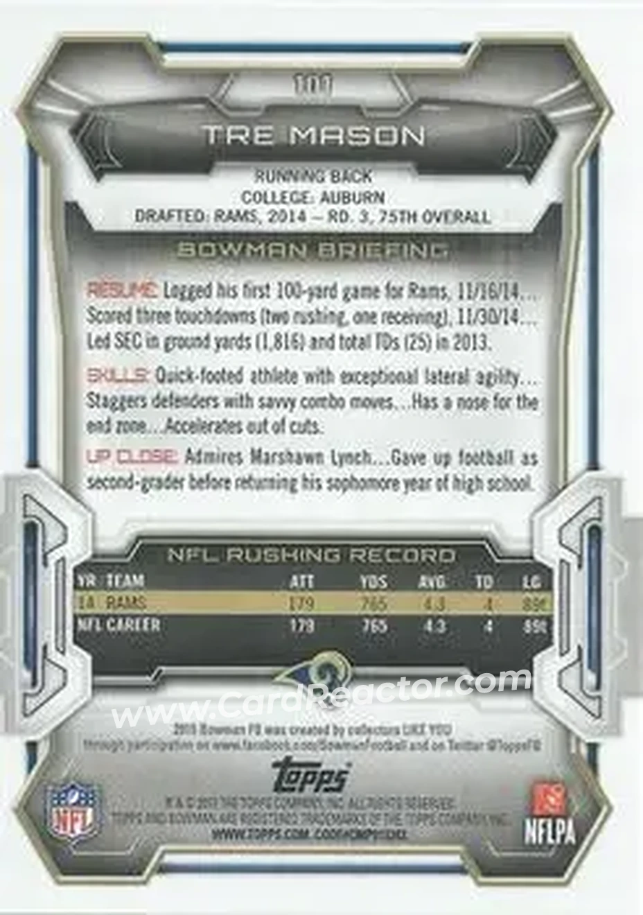 2015 Bowman #101 - Tre Mason - St. Louis Rams - Back