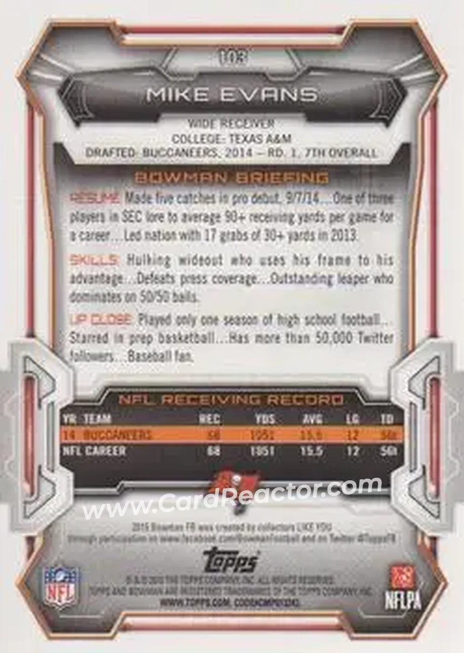 2015 Bowman #103 - Mike Evans - Tampa Bay Buccaneers - Back