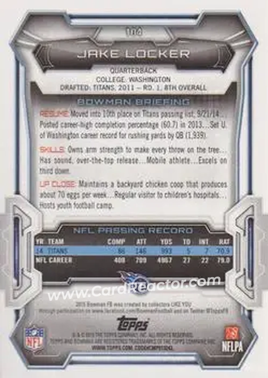 2015 Bowman #104 - Jake Locker - Tennessee Titans - Back
