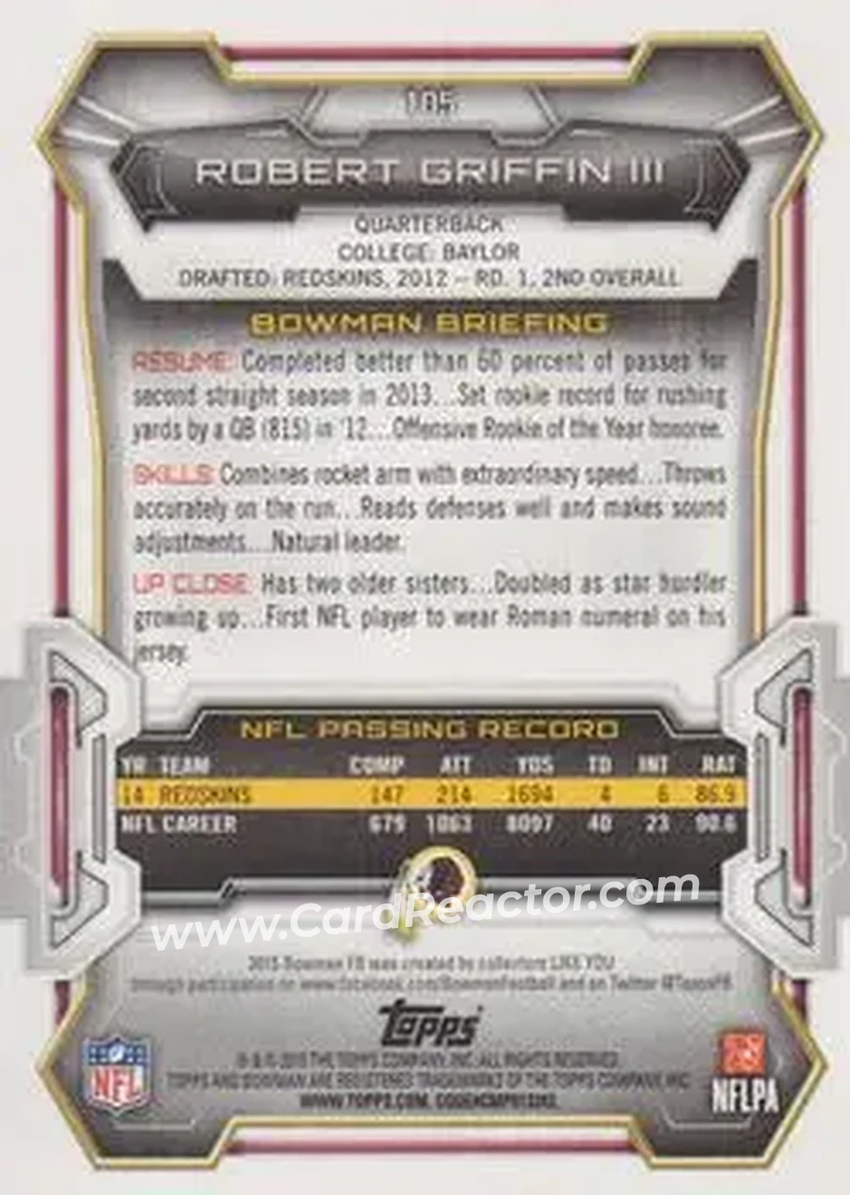 2015 Bowman #105 - Robert Griffin III - Washington Redskins - Back