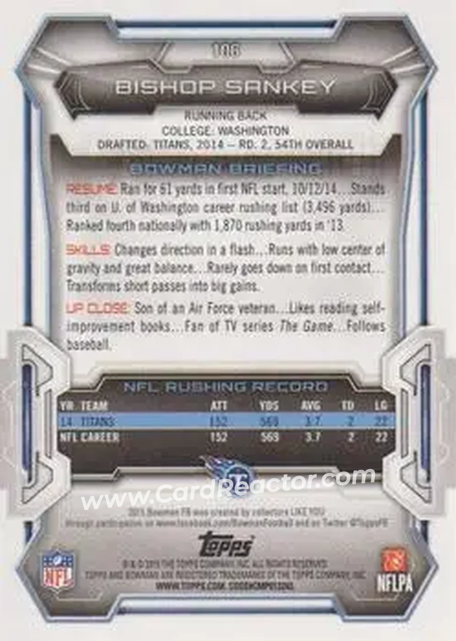 2015 Bowman #106 - Bishop Sankey - Tennessee Titans - Back