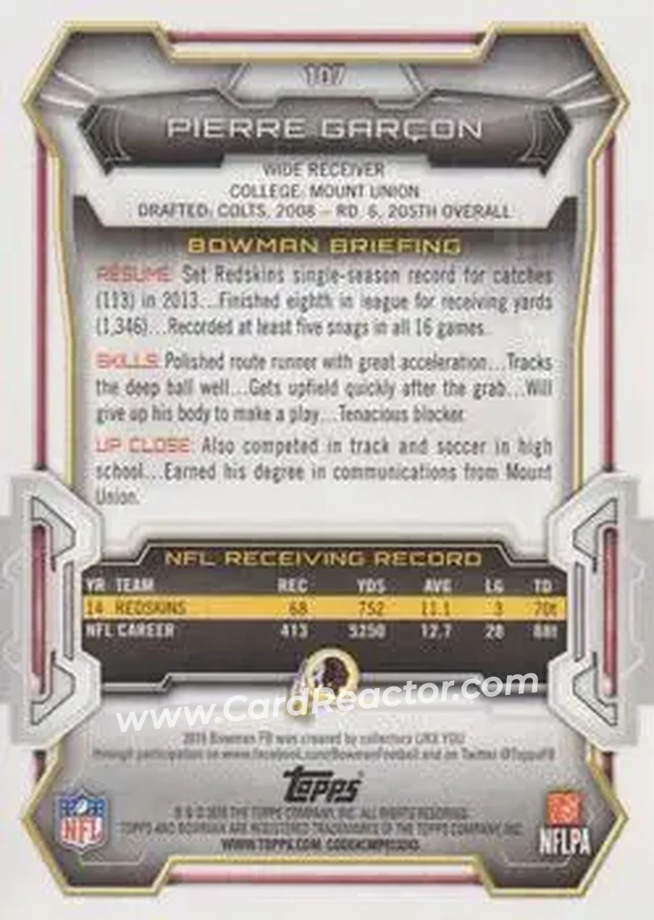 2015 Bowman #107 - Pierre Garcon - Washington Redskins - Back