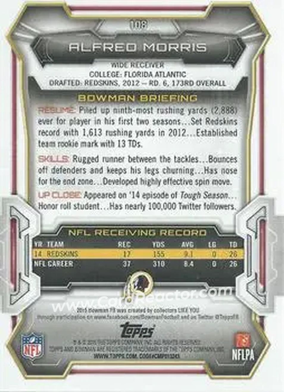 2015 Bowman #108 - Alfred Morris - Washington Redskins - Back