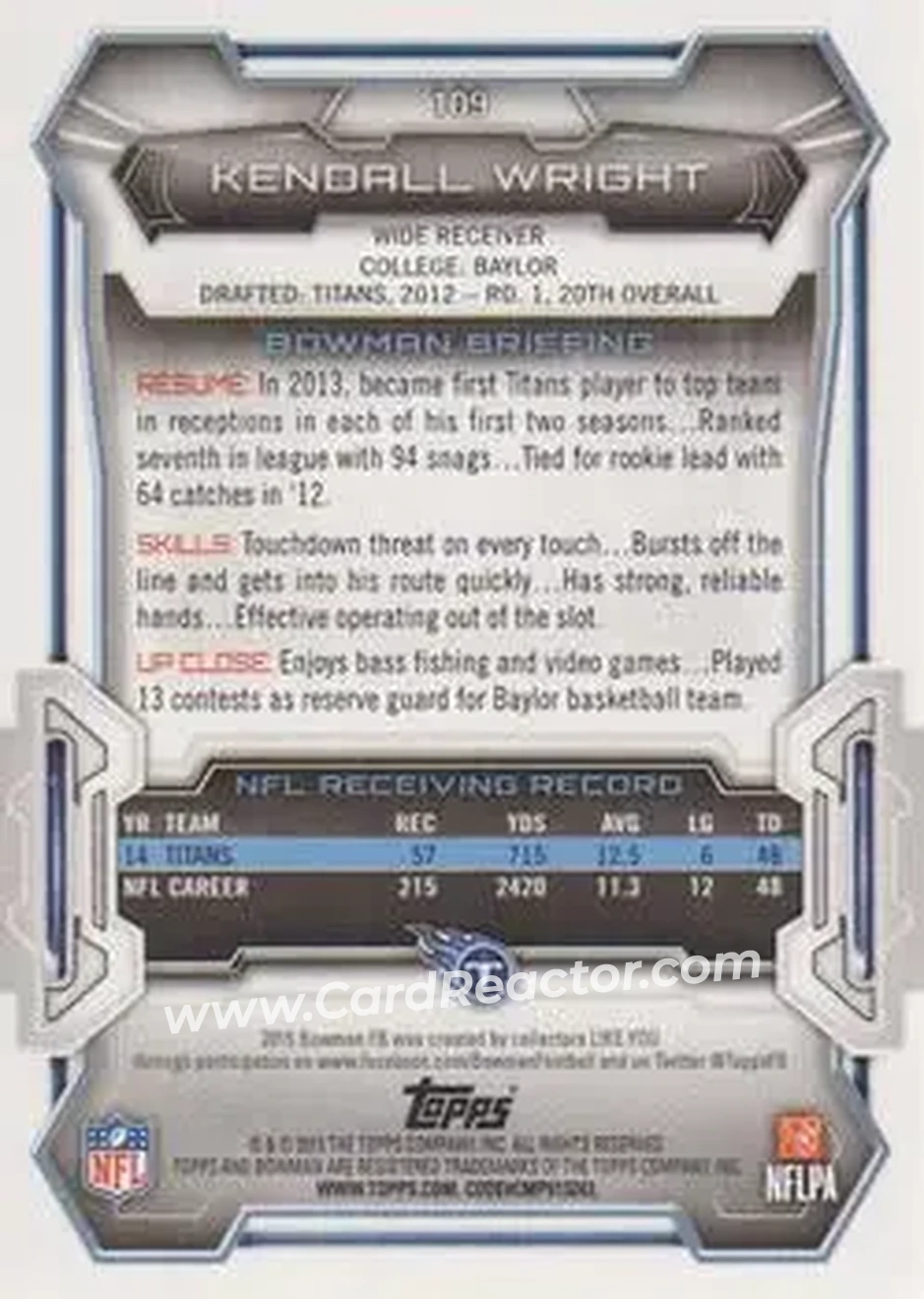 2015 Bowman #109 - Kendall Wright - Tennessee Titans - Back