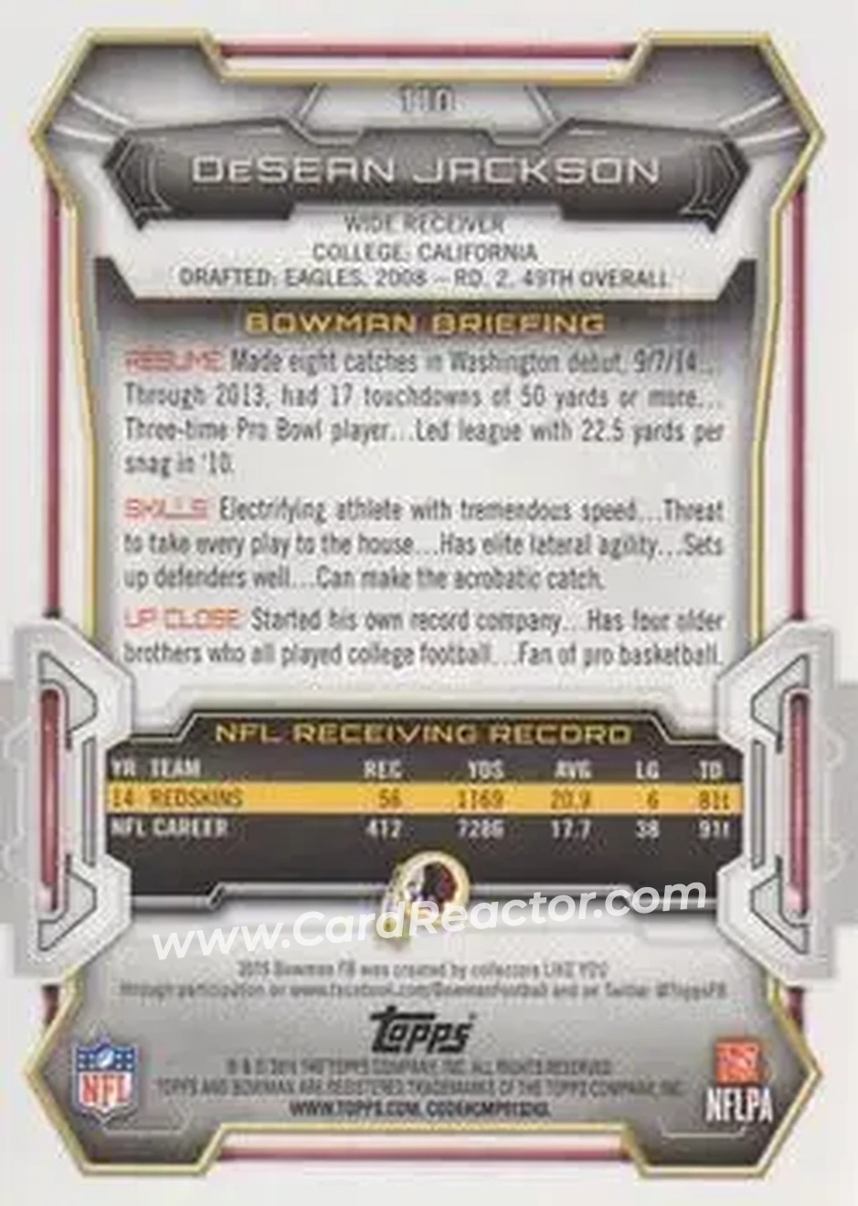 2015 Bowman #110 - DeSean Jackson - Washington Redskins - Back