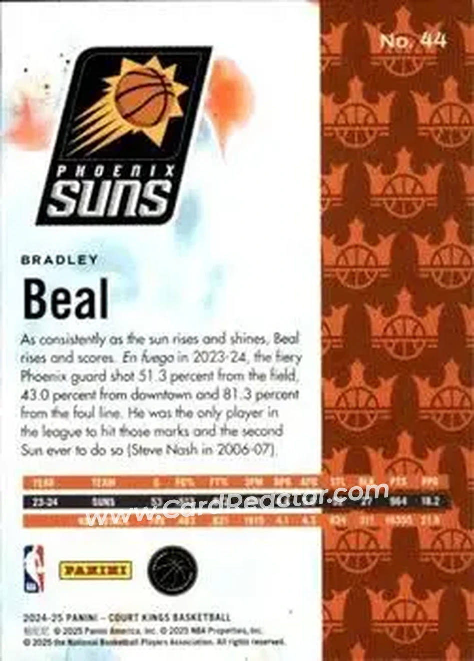 2024-25 Panini Court Kings #44 - Bradley Beal - Phoenix Suns - Back