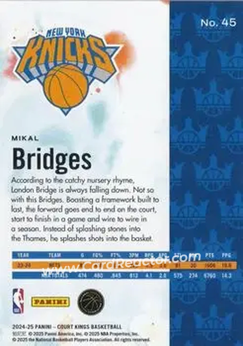 2024-25 Panini Court Kings #45 - Mikal Bridges - New York Knicks - Back 2024-25 Panini Court Kings #45 - Mikal Bridges - New York Knicks - Back