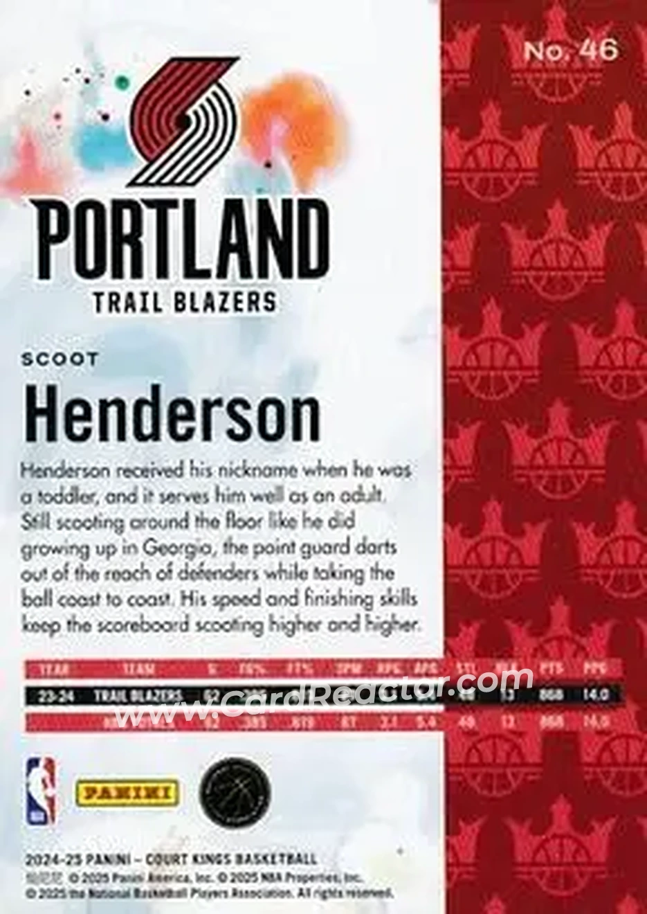 2024-25 Panini Court Kings #46 - Scoot Henderson - Portland Trail Blazers - Back 2024-25 Panini Court Kings #46 - Scoot Henderson - Portland Trail Blazers - Back