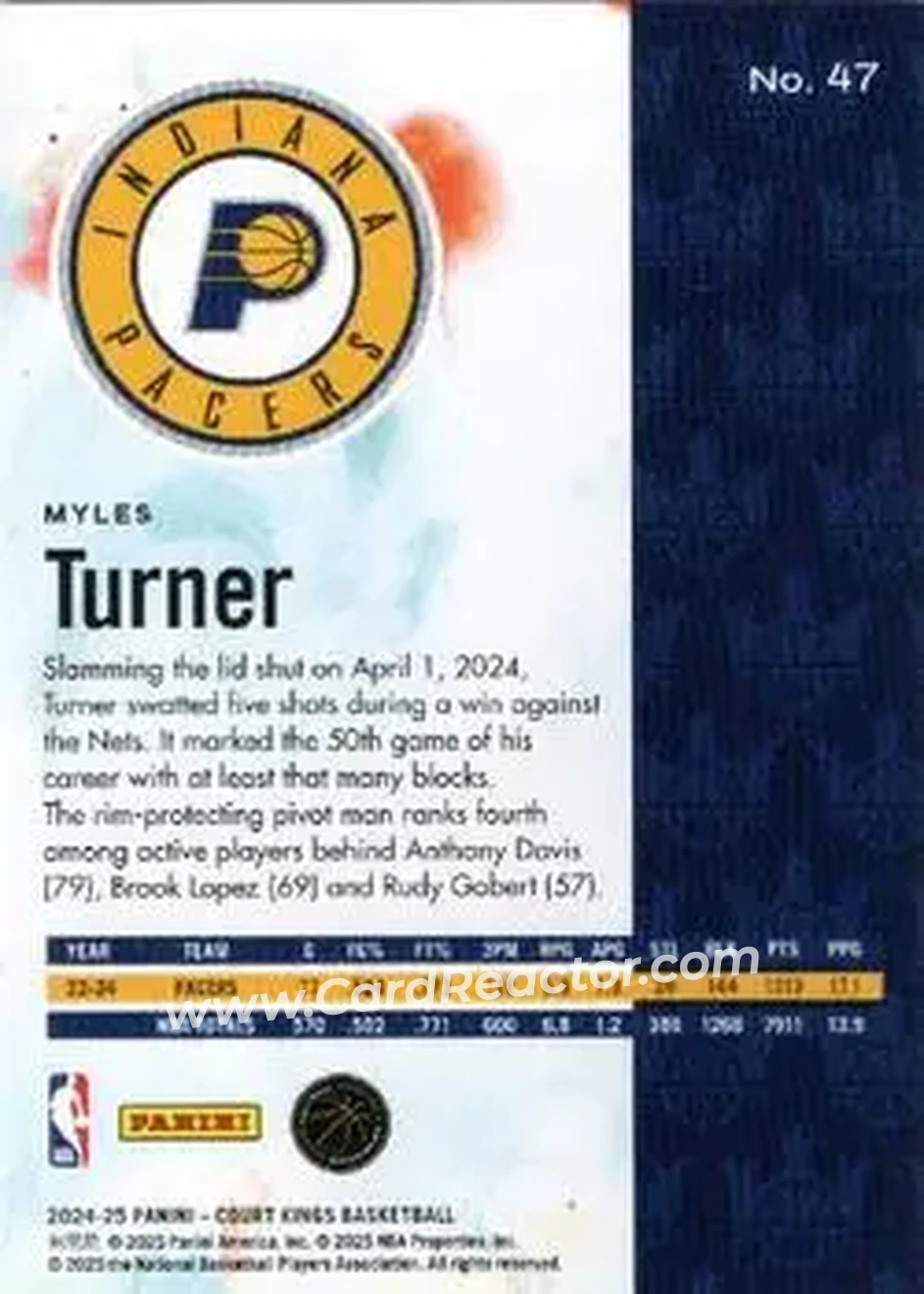 2024-25 Panini Court Kings #47 - Myles Turner - Indiana Pacers - Back