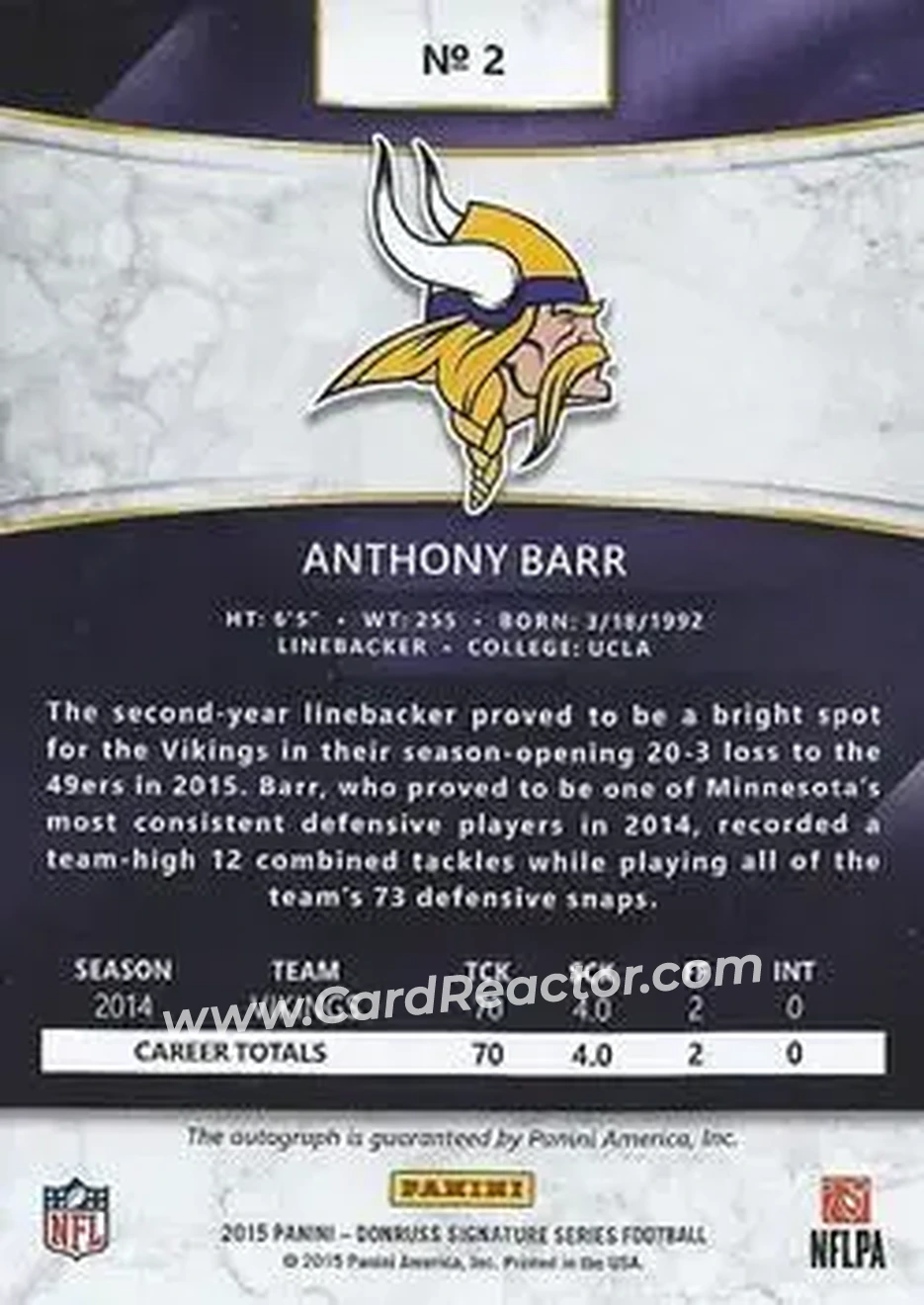 2015 Donruss Signature Series #2 - Anthony Barr - Minnesota Vikings - Back