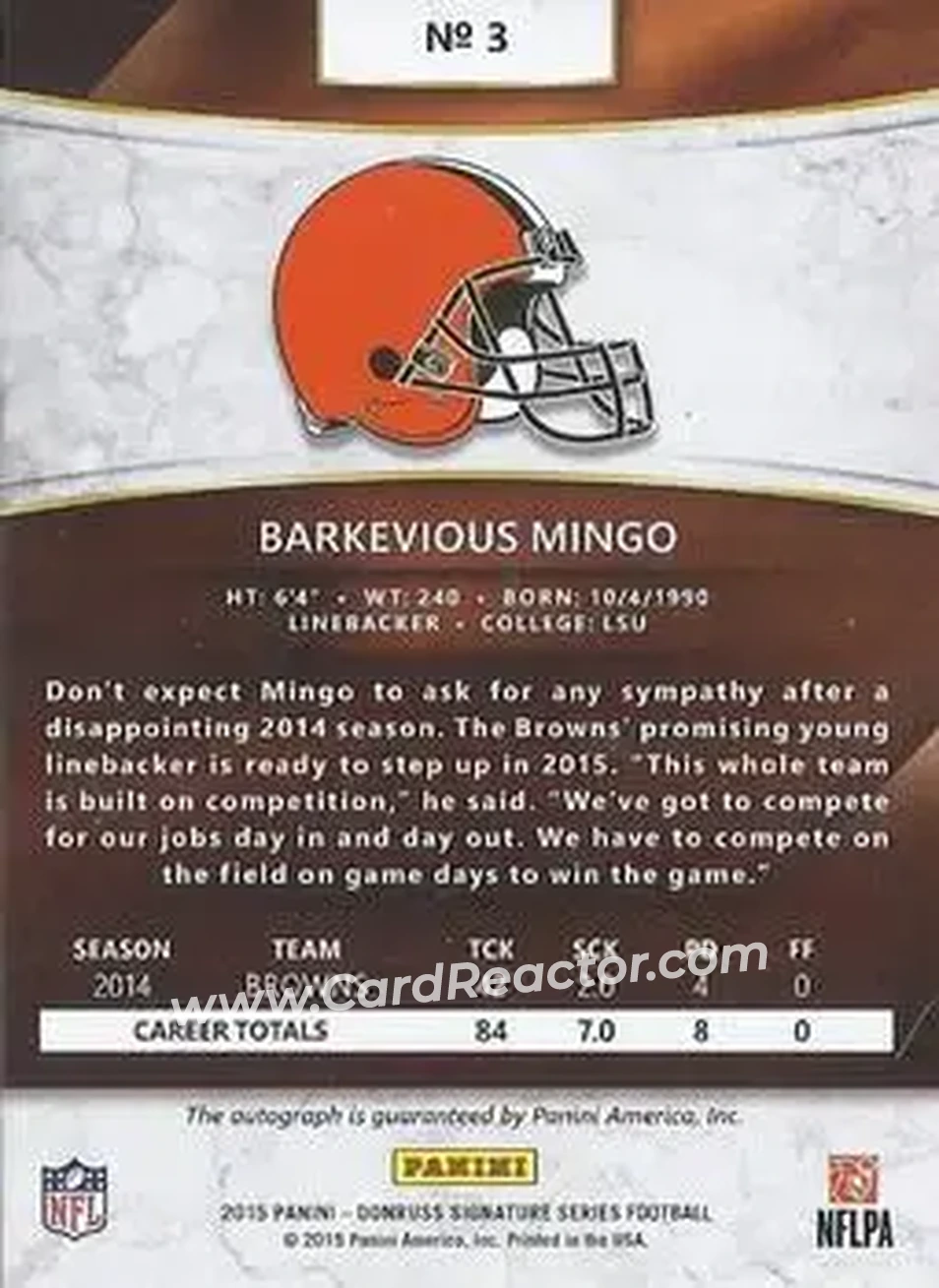 2015 Donruss Signature Series #3 - Barkevious Mingo - Cleveland Browns - Back