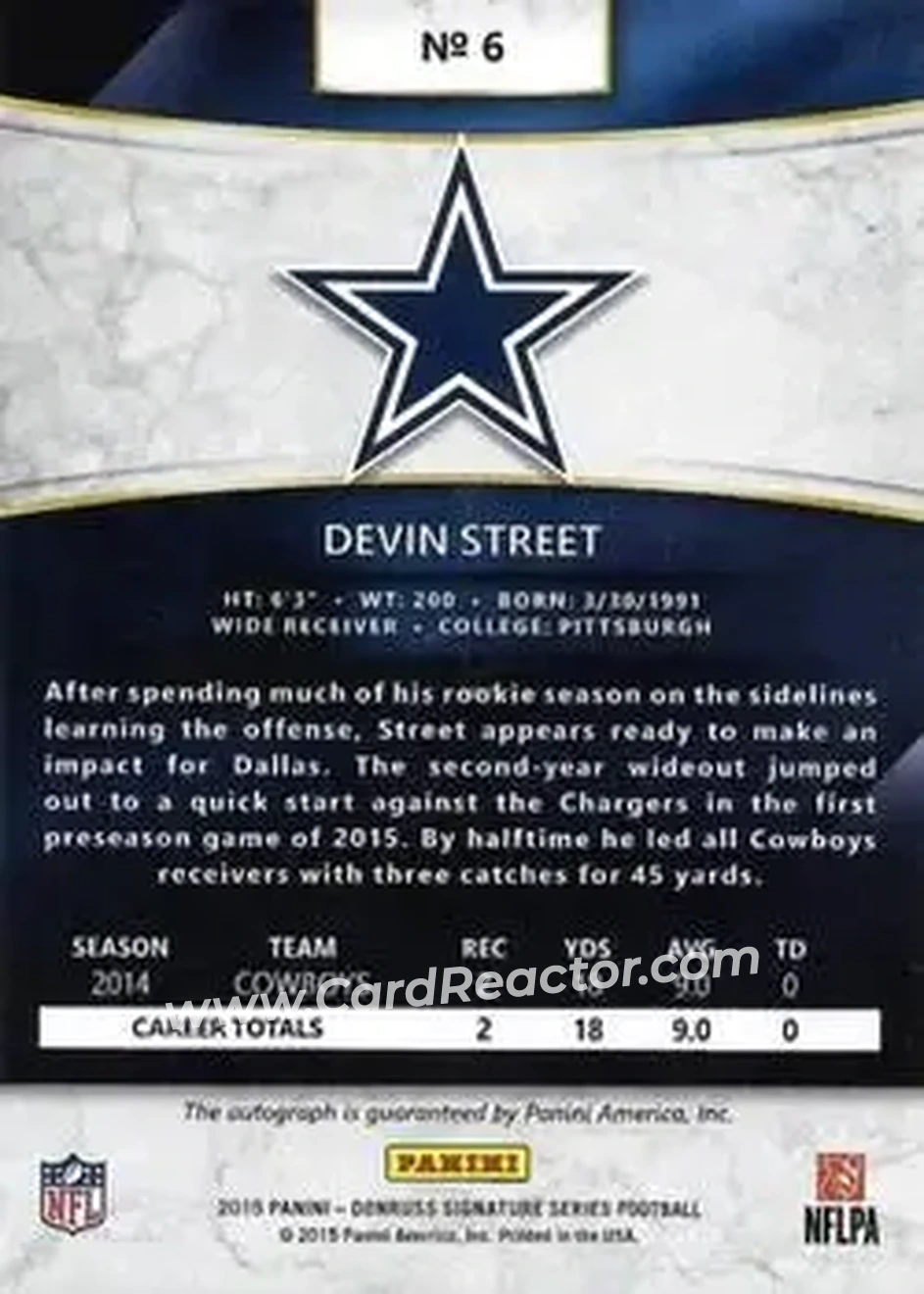 2015 Donruss Signature Series #6 - Devin Street - Dallas Cowboys - Back