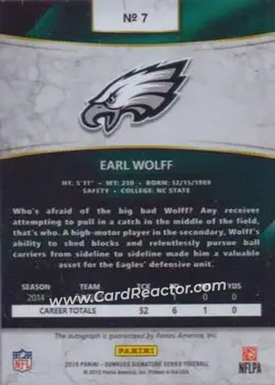 2015 Donruss Signature Series #7 - Earl Wolff - Philadelphia Eagles - Back