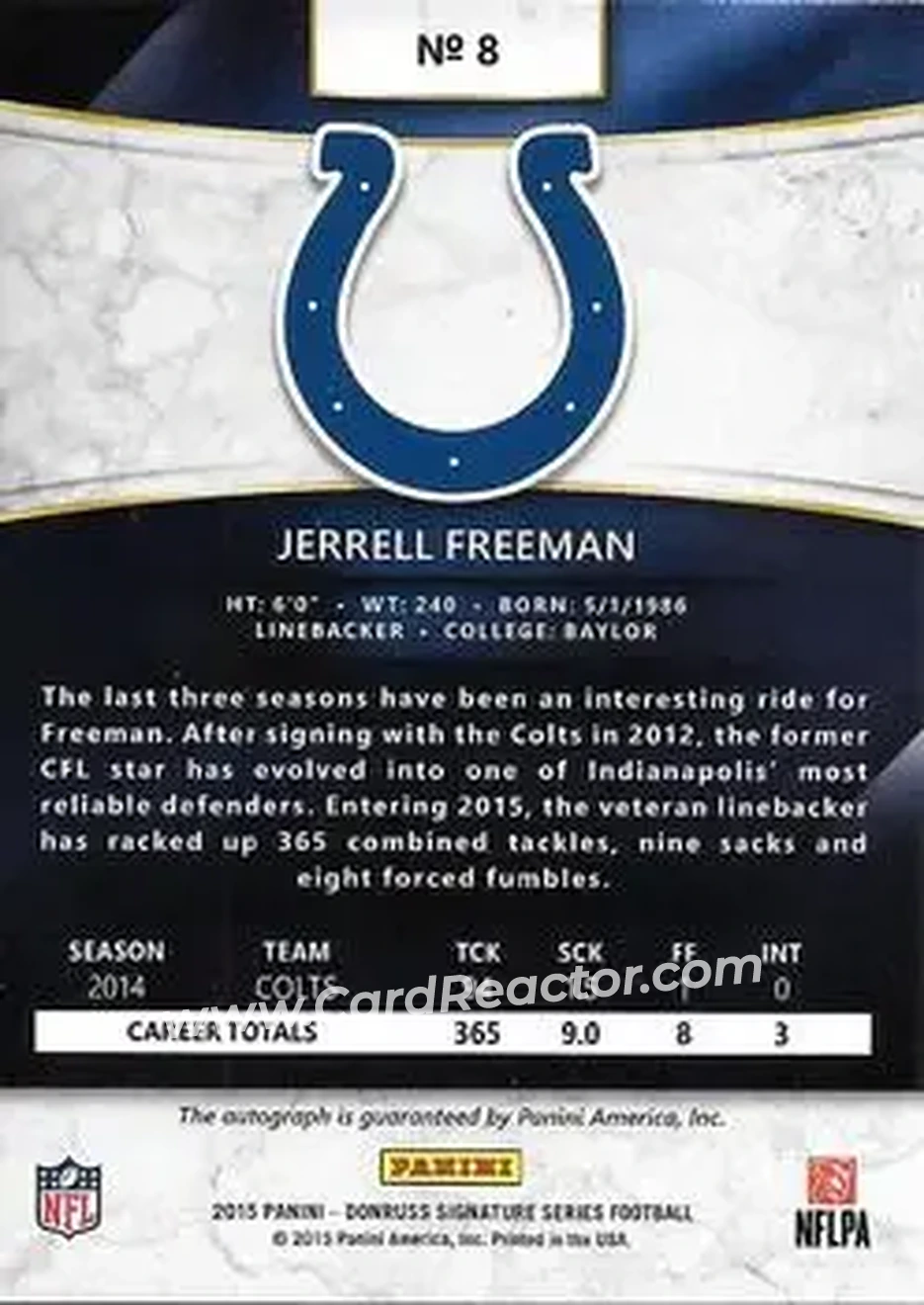 2015 Donruss Signature Series #8 - Jerrell Freeman - Indianapolis Colts - Back