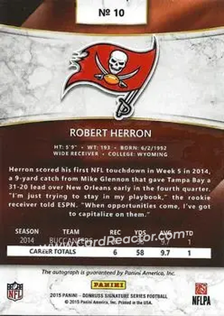 2015 Donruss Signature Series #10 - Robert Herron - Tampa Bay Buccaneers - Back