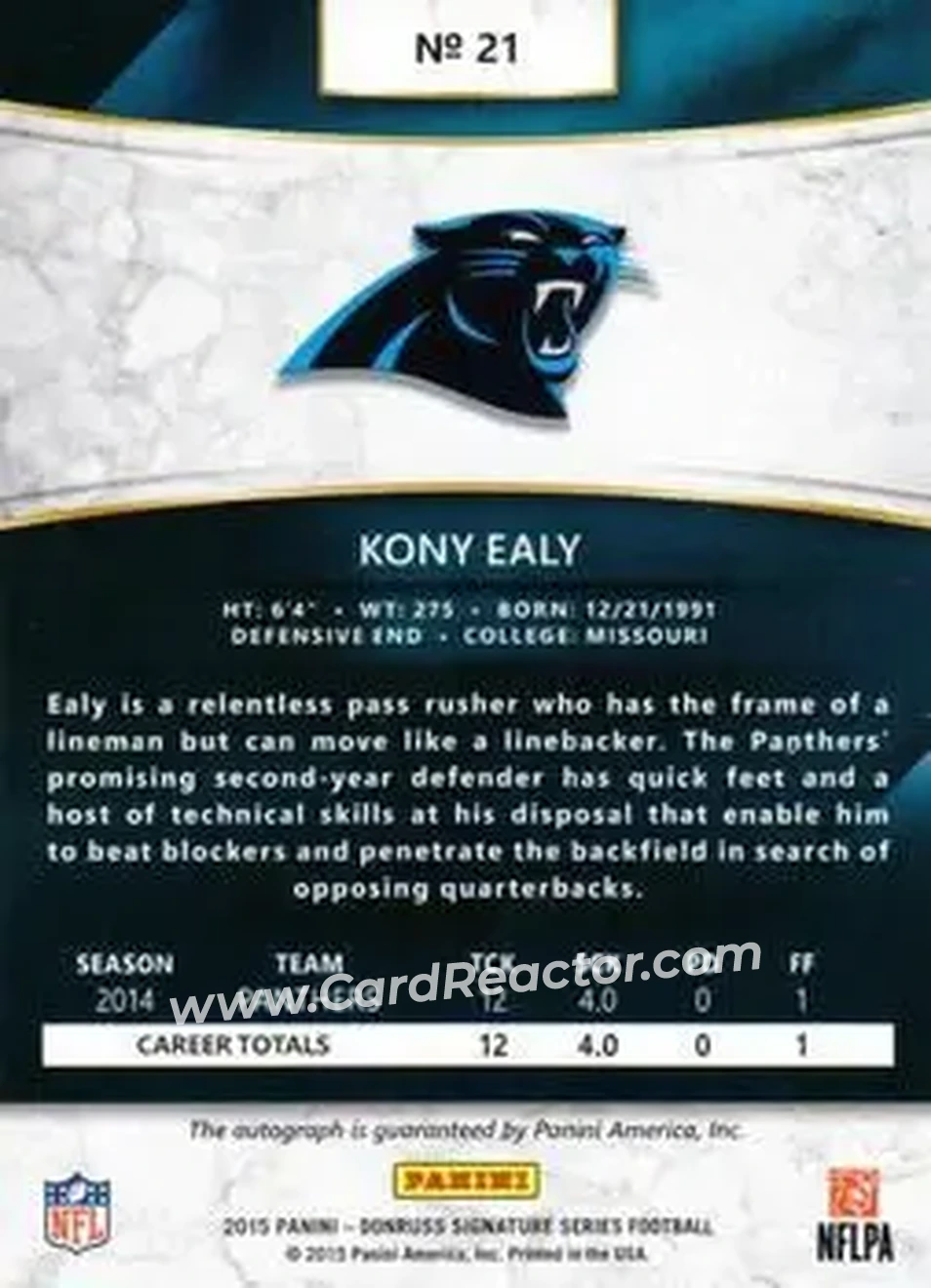 2015 Donruss Signature Series #21 - Kony Ealy - Carolina Panthers - Back