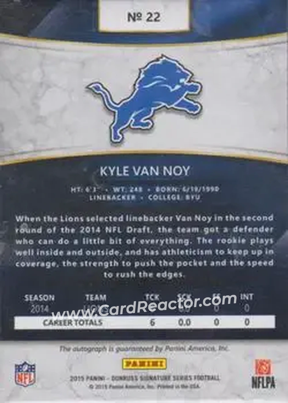 2015 Donruss Signature Series #22 - Kyle Van Noy - Detroit Lions - Back