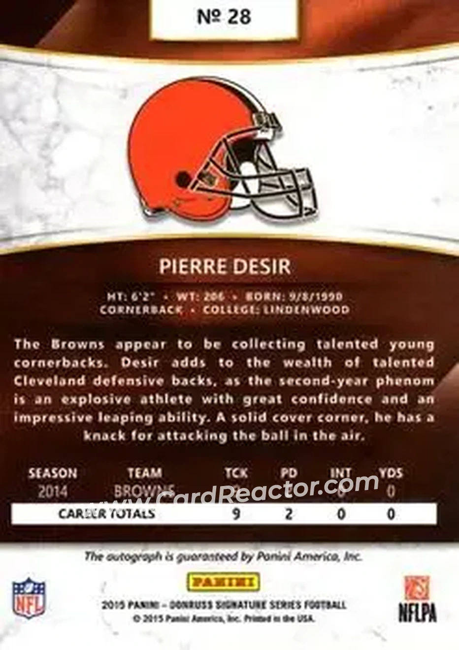 2015 Donruss Signature Series #28 - Pierre Desir - Cleveland Browns - Back