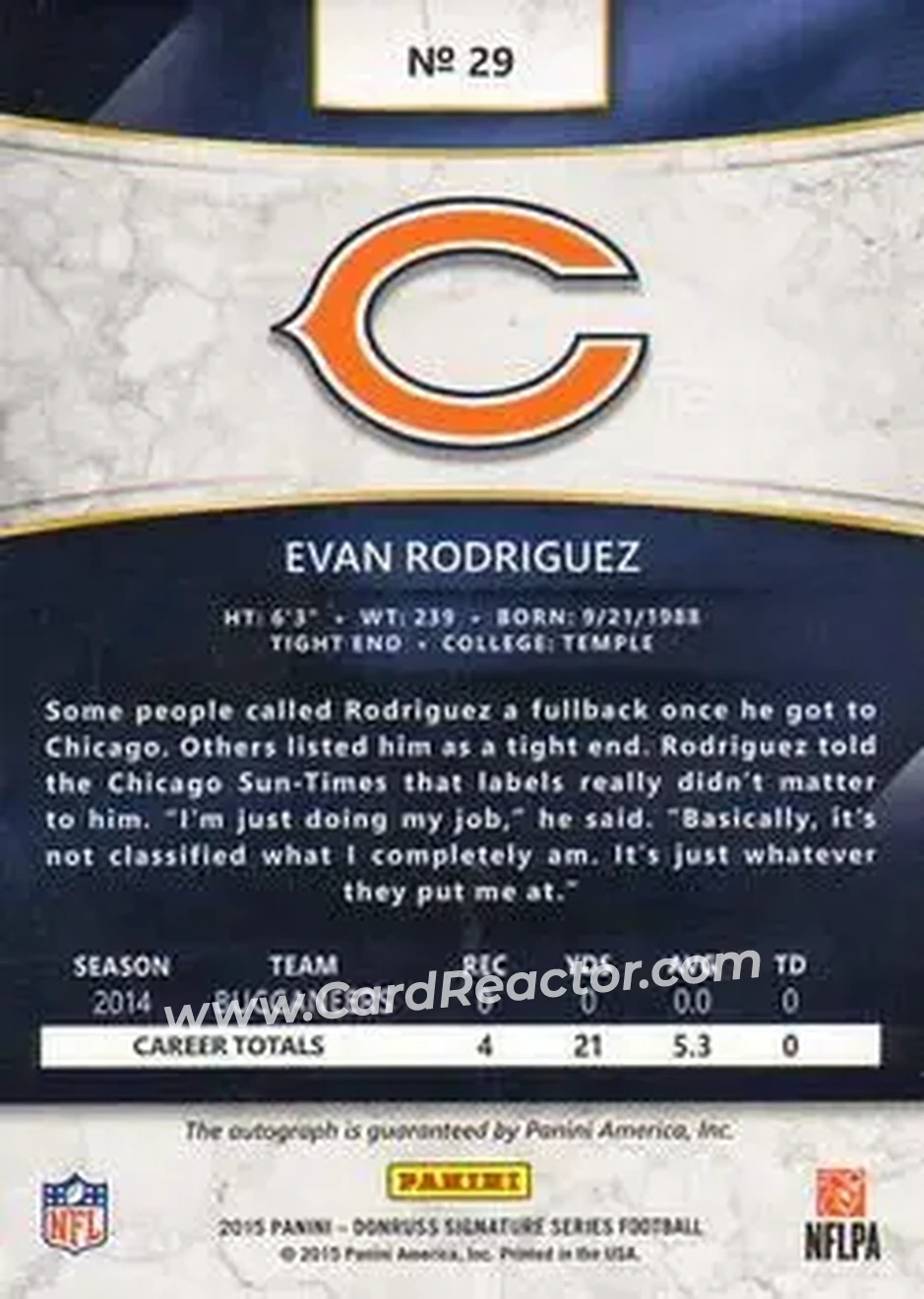 2015 Donruss Signature Series #29 - Evan Rodriguez - Chicago Bears - Back