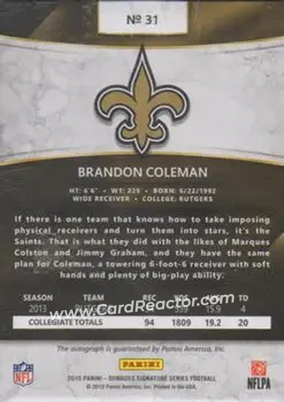 2015 Donruss Signature Series #31 - Brandon Coleman - New Orleans Saints - Back