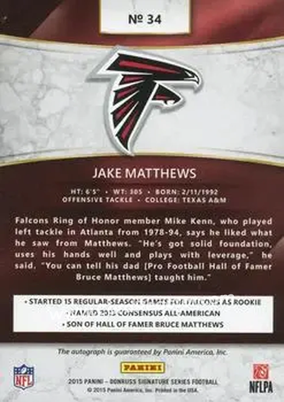 2015 Donruss Signature Series #34 - Jake Matthews - Atlanta Falcons - Back